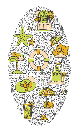 Summer and beach hand draw icon concept. Travel summer icons collection in ellipce form with cartoon decorative elements. Coconut, surfing boat, sand, ice cream elements. Happy summer vacation icon conceptのイラスト素材