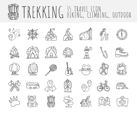 Trekking travelling icon collection, hiking hand draw cartoon icons.のイラスト素材