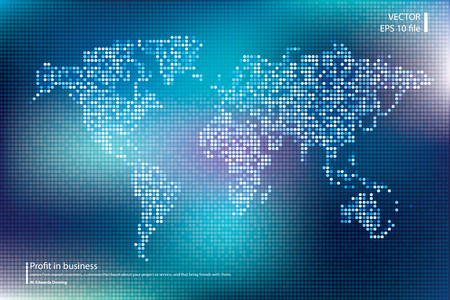 Dotted world map vector illustration. Business concept about world map global elements. Blue, magenta technology colorsのイラスト素材
