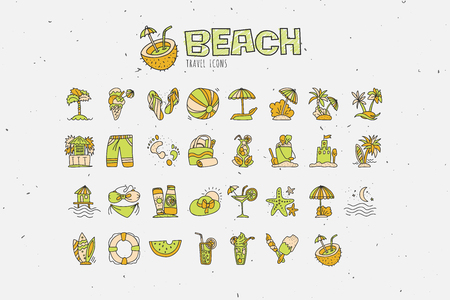 Summer tropical beach icon collection. Hand draw icons about travel to tropic beach and have vacation. Summer and beach attributes cocktails, coconut, sand and swimsuits, umbrellas.のイラスト素材