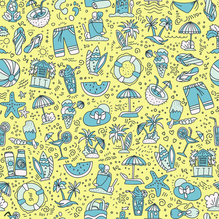 Summer, travel and beach sketch seamless pattern in black and white colors. Travelling hand draw elements with decoration on white background. Palm, summer patternのイラスト素材