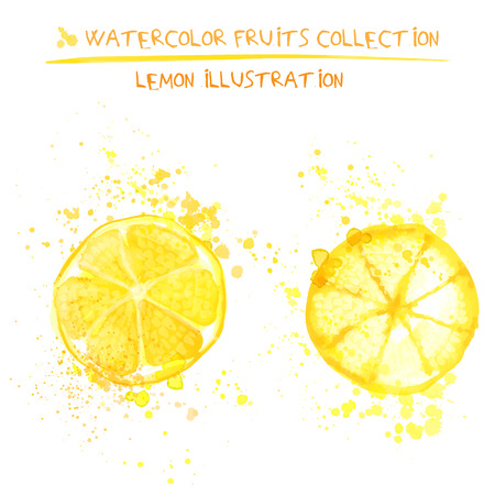 Seto of watercolor lemon vector illustration. Splashed hand draw lemons isolated on white background, art vector citrus objects. Lemonadesのイラスト素材