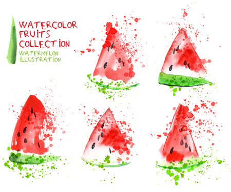 Watermelon slice set. Watercolor hand draw collection, slice and splashesのイラスト素材