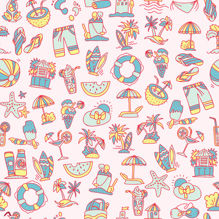 Summer, travel and beach sketch seamless pattern in black and white colors. Travelling hand draw elements with decoration on white background. Palm, summer pattern, black and white colorsのイラスト素材