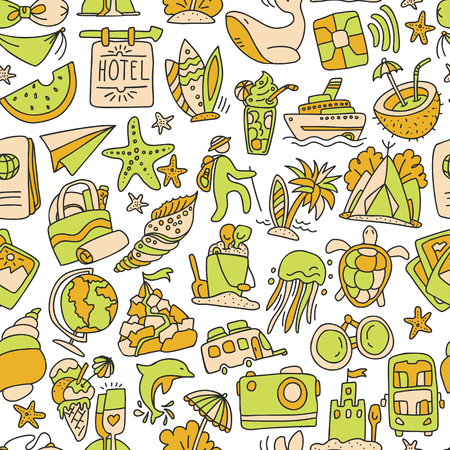 Hiking and trekking travel seamless pattern. Endless repeatable background with cartooning traveling elements about camping, vacation and wild life. Woods, forest and outdoor adventure background, endless patternのイラスト素材