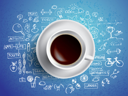Coffee cup concept. Doodling elements about health and sport with blue background and cofffeeのイラスト素材
