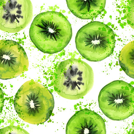 Qiwi slice seamless hand draw art pattern with watercolor splashes. Summer fruit qiwi repeat background with green round qiwi slices and watercolor elementsのイラスト素材