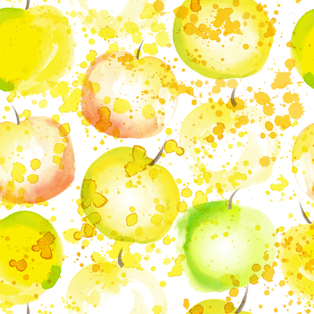 apple slice seamless pattern with splashes. Summer apples watercolored hand draw art background. Fresh fruit repeatable pattern, healthy lifestyle and juicy patternのイラスト素材