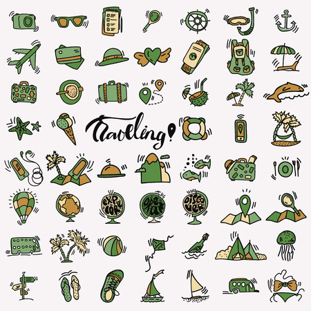 Travel hand draw icons. Icon lined cartoon collection about adventure, outdoor activities, beach, summer, traveling, get a vacation and extremal sport. Traveling icon set.のイラスト素材