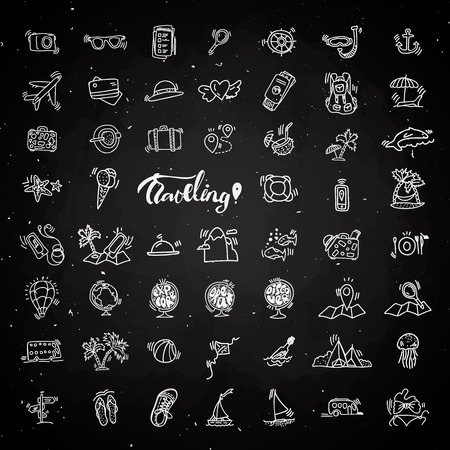 Travel hand draw icons. Icon lined cartoon collection about adventure, outdoor activivies, beach, summer, travelling, get a vacation and extremal sport. Traveling icon set, sketch doodle elementsのイラスト素材