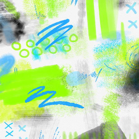 Watercolor splashed abstract spring geometrical background. Spring background in light green and blue colors with hand draw splashes, lines and textures. Bright spring geometry patternの写真素材