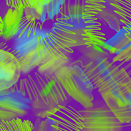 Abstract Neon geometrical 80s and 90s hand draw glamour pattern with neons colors. Neon Watercolor brush paint glam pattern for girls. Modern retro neon pattern with watercolor lines, dots. Glamour neon backgroundの写真素材