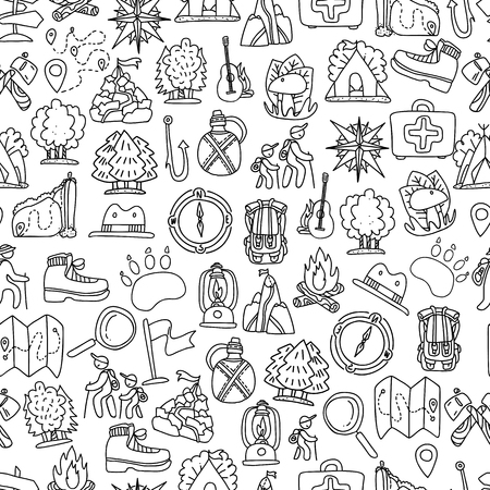 Hiking and trekking travel seamless pattern. Endless repeatable background with cartooning traveling elements about camping, vacation and wild life. Woods, forest and outdoor adventure background.のイラスト素材