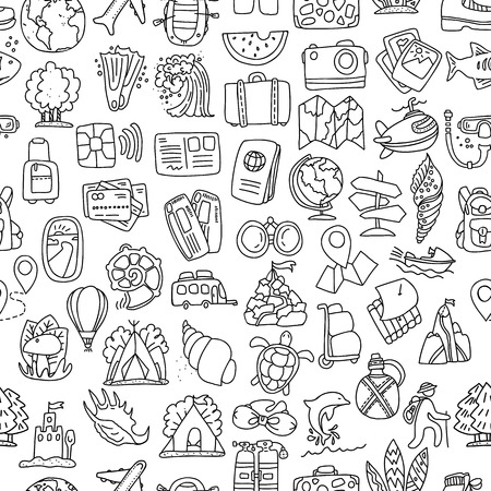 Travel and summer seamless pattern, journey and trip background. Adventure time pattern in hand draw style, vector sketch elements on repeatable pattern.のイラスト素材