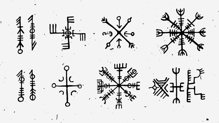 Futhark norse islandic and viking runes set. Magic hand draw symbols as scripted talismans. Vector set of ancient runes of Iceland. Galdrastafir, mystic signs of early North magic. Ethnic norse viking tattoo design with light textureのイラスト素材