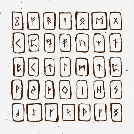 Set of Old Norse Scandinavian runes. Runic alphabet, futhark. Ancient occult symbols, vikings letters on white, rune font. Vector illustration with light texture. Ancient norse letter isolated on white backgroundのイラスト素材