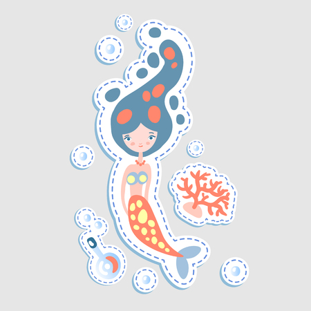 Cute little mairmaid - vector cartoon illustration. Fairy mermaids princess with underwater elements - coralls and bottle. Sticker cute mermaid characterのイラスト素材