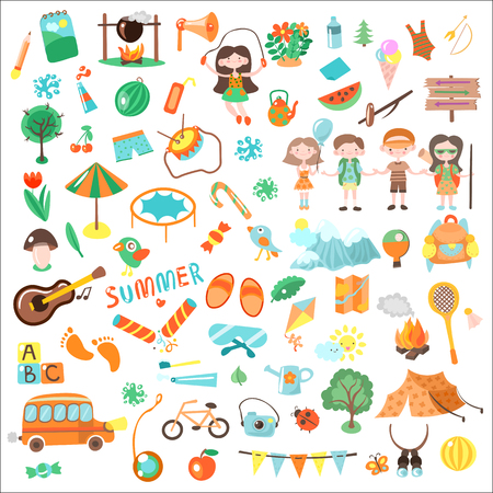 Kids camping cartoon vector illustration. Set of Kids camp elements and icons, cartooning illustrations about childhood, summer, camping and games for childrenのイラスト素材