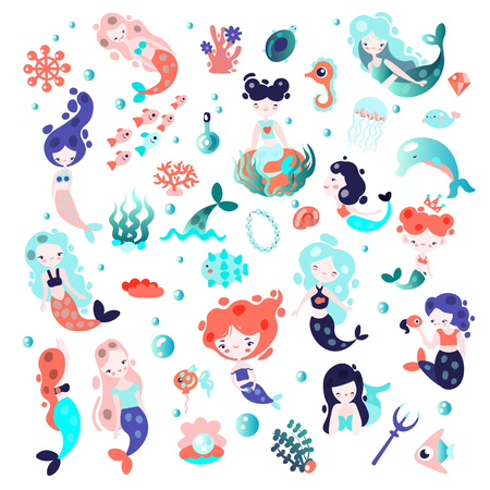 Collection of cute vector cartoon mermaids with elements of sealife and underwater plants and animals. Seashells, fairy princess mermaid in one setのイラスト素材