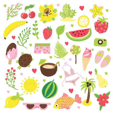 Set of summer and vacation elements. Cute cartoon vector illustration about summer holidays and vacations, summer time and relax. Collection of cartooning summer objects for vacation advertizingのイラスト素材