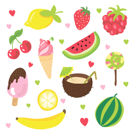 Set of summer fruits, ice cream and other food with relax, summer and vacation happy mood. Summer cartoon hand draw elements about sweet fruits, ice cream, lolipop. Summer holiday food and tasty objects, cartoon vector collectionのイラスト素材