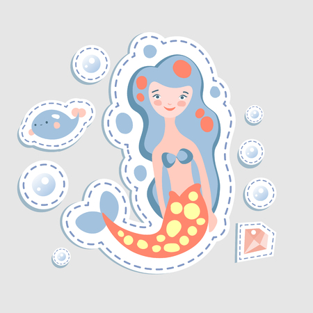 Cute little mermaid - vector cartoon illustration. Fairy mermaids princess with underwater elements. Sticker cute mermaid characterのイラスト素材