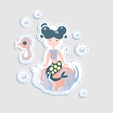 Cute little mermaid - vector cartoon illustration. Fairy mermaids princess with underwater elements. Sticker cute mermaid characterのイラスト素材