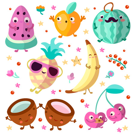 Happy cartooning fruits vector illustration. Set of tropical childish fruit, relaxing and happy, isolated on white background. Tropical fruits collection with happy and joy cartoon emotionsのイラスト素材
