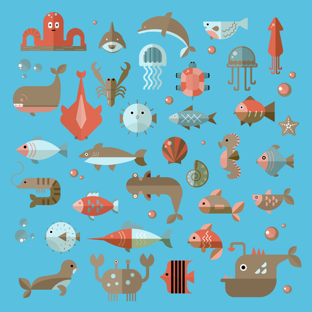 Set of vector flat sealife elements, plants and sea animals - shark, jellyfish, octopus and others. Collection of modern sea underwater lifeのイラスト素材