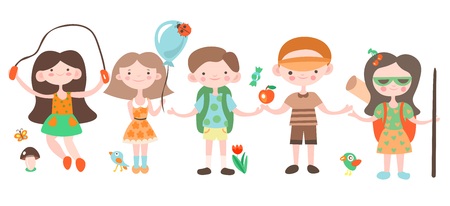 Happy kids, holiday and camping playing with camp elements. Joyful children cartoon vector illustration, set of cartooning happy kids on summer holidaysのイラスト素材