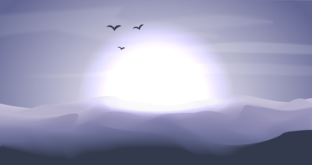 Desert panoramic landscape with dunes and sunset, sundown in blue and grey colors. Calm desert background, dune and hills. Game deserts scene with big sun and clouds in night or twilight timeのイラスト素材