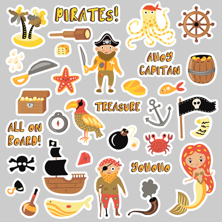 Set of Pirates vector cartoon stickers. Adventures and Pirate party sticker for Kindergarten. Children Adventure, treasure, pirates, octopus, whale, ship - Kids drawing vector cartoon stickers about Pirates and treasures isolated on white backgroundのイラスト素材