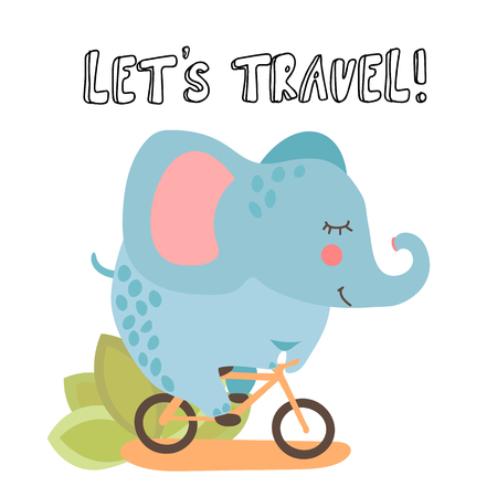 Cute cartoon vector elephant, riding a bicycle and lettering about travel. Summer kids illustration with cute happy elephant and nature elements isolated on white backgroundのイラスト素材