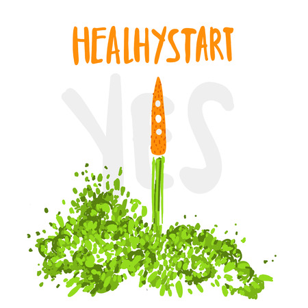 Illustration of the concept of a healthy lifestyle. Carrots with a halms, taking off like a rocket with lettering about Healthy Start and Yes word. Starting new healthy life concept isolated on white background.のイラスト素材