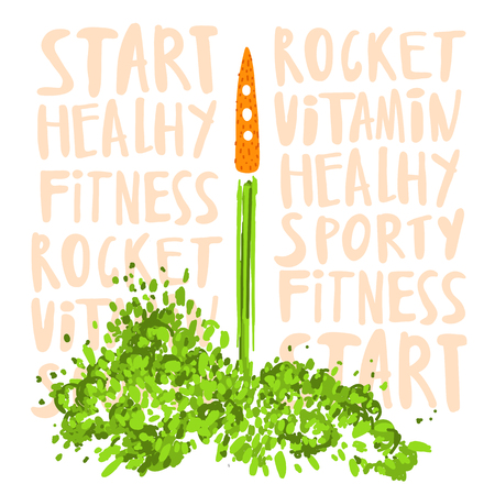 Illustration of the concept of a healthy lifestyle. Carrots with a halms, taking off like a rocket with lettering about Health, sport, lifestyle and vitamins. Starting new healthy life concept isolated on white backgroundのイラスト素材