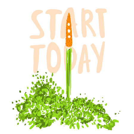 Illustration of the concept of a healthy lifestyle. Carrots with a halms, taking off like a rocket with lettering about Start today. Starting new healthy life concept.の写真素材