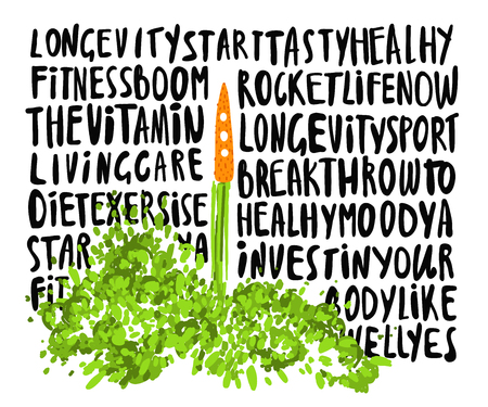 Illustration of the concept of a healthy lifestyle. Carrots with a halms, taking off like a rocket with lettering about Health, sport, lifestyle and vitamins. Starting new healthy life concept isolated on white backgroundのイラスト素材