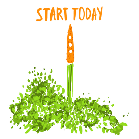 Healthy Rocket conept with carrot and lettering about Start today. Healthy life style with vegetable and green leaves, in Rocket style isolated on black backgroundのイラスト素材