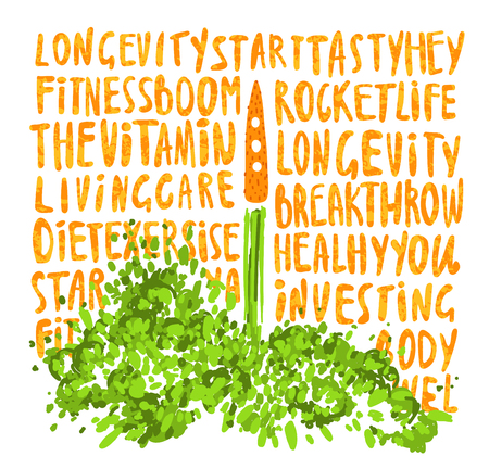Illustration of the concept of a healthy lifestyle. Carrots with a halms, taking off like a rocket with lettering about Health, sport, lifestyle and vitamins. Starting new healthy life concept.の写真素材