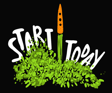 Healthy Rocket conept with carrot and lettering about Start today. Healthy life style with vegetable and green leaves, in Rocket style isolated on black backgroundのイラスト素材