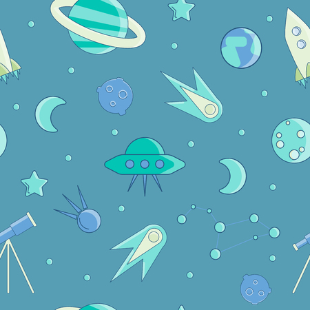 Cartoon flat kids space and cosmos science seamless pattern. Planet, rockets, stars and other space elements in simple cute vector background for children. Kids science and curiosity ideas on space patternのイラスト素材