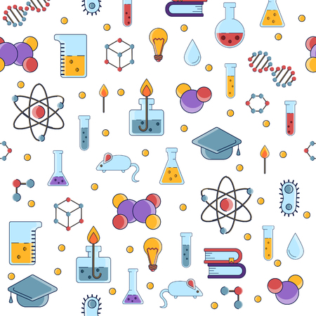 Science flat seamless pattern with scientific elements - molecule, atom structure, flask, glass, water and other on one simple educational and school endless background.のイラスト素材