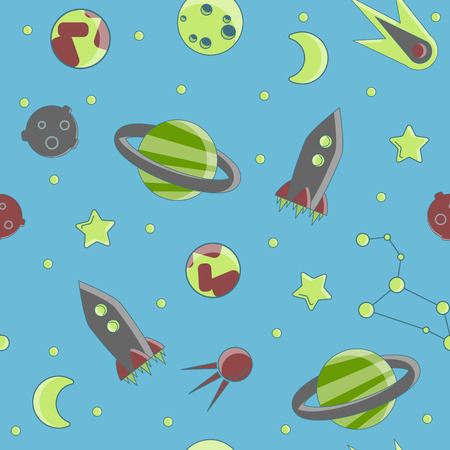 Cartoon flat kids space and cosmos science seamless pattern. Planet, rockets, stars and other space elements in simple cute vector background for children. Kids science and curiosity ideas on space patternのイラスト素材