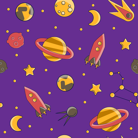 Cartoon flat kids space and cosmos science seamless pattern. Planet, rockets, stars and other space elements in simple cute vector background for children. Kids science and curiosity ideas on space patternのイラスト素材