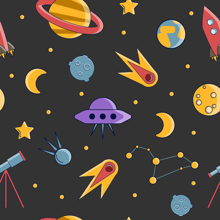 Cartoon flat kids space and cosmos science seamless pattern. Planet, rockets, stars and other space elements in simple cute vector background for children. Kids science and curiosity ideas on space patternのイラスト素材