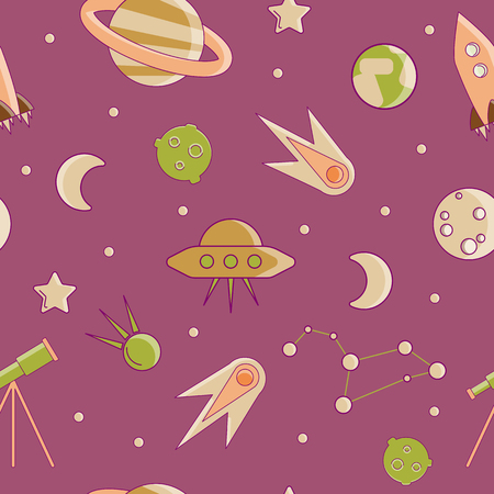 Cartoon flat kids space and cosmos science seamless pattern. Planet, rockets, stars and other space elements in simple cute vector background for children. Kids science and curiosity ideas on space patternのイラスト素材
