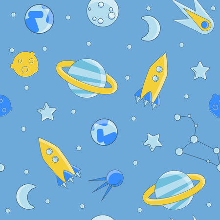 Cartoon flat kids space and cosmos science seamless pattern. Planet, rockets, stars and other space elements in simple cute vector background for children. Kids science and curiosity ideas on space patternのイラスト素材