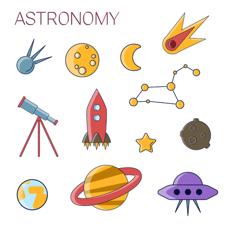 Astronomy simple flat icon set. Set of Flat Line Stroke Vector Astronomy and Space Icons. Moon, rocket, satellite, Earth, Planet with ring, star and comet in one setのイラスト素材