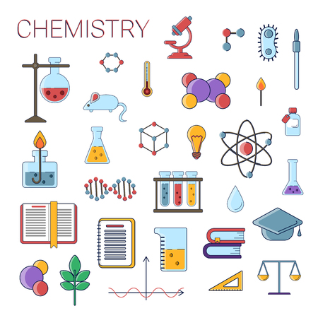Set of scientific chemistry vector flat icons, Chemistry education symbols in colored cute design with chemistry elements for mobile concepts and web apps. Collection of cute science chemistry flat iconsのイラスト素材