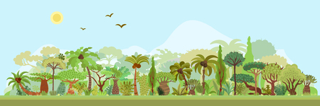 Vector tropical forest landscape with palms and other tropical trees. Tropical rainforest panoramic illustration. Flat vector design of tropical forest landscape in light green summer colors, isolated on white backgroundのイラスト素材